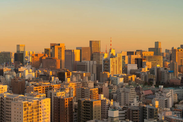 Aerial view of Tokyo Downtown skyline, urban city in Japan. Apartments and residential district in smart city in Asia. High rise skyscrapers buildings at sunset. Architecture landscape background.