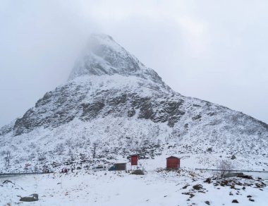 Lofoten Adaları, Nordland Bölgesi, Norveç, Avrupa. Beyaz karlı dağ tepeleri ve ağaçlar, kış mevsiminde doğa manzarası. Meşhur turistik cazibe