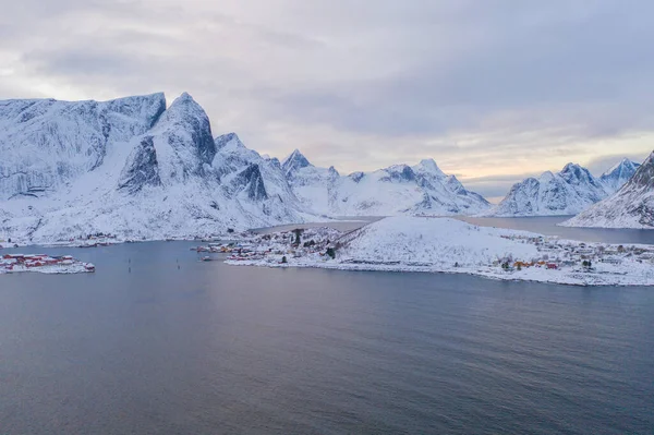 Légi Kilátás Norvég Halászfalu Reine City Lofoten Szigetek Nordland Norvégia — Stock Fotó