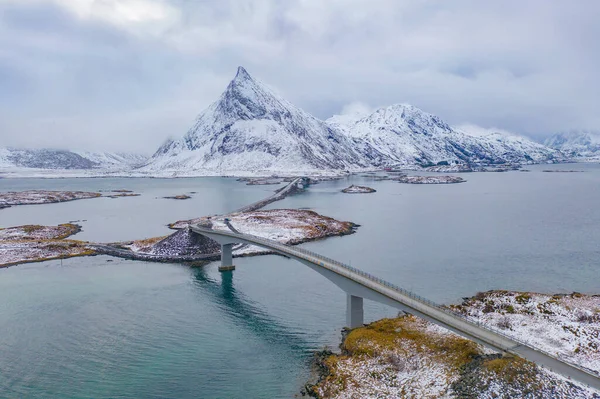 Légi Kilátás Híd Lofoten Szigetek Nordland Megye Norvégia Európa Fehér — Stock Fotó