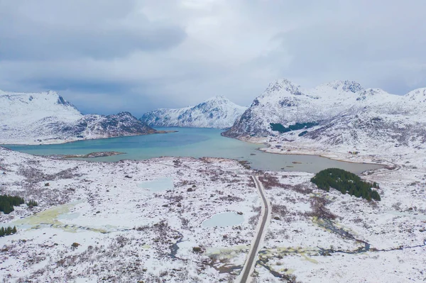 Légi Kilátás Híd Lofoten Szigetek Nordland Megye Norvégia Európa Fehér — Stock Fotó