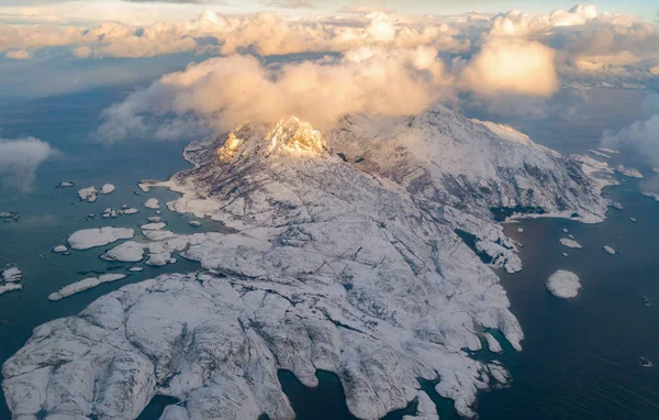 Luchtfoto Van Lofoten Provincie Nordland Noorwegen Europa Witte Besneeuwde Bergen — Stockfoto