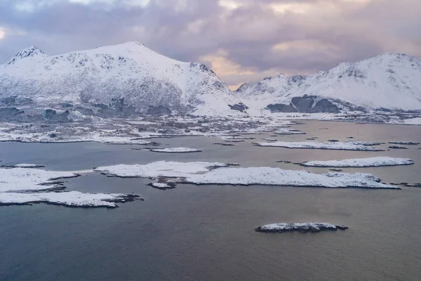 Légi Kilátás Lofoten Szigetekre Nordland Megye Norvégia Európa Fehér Havas — Stock Fotó