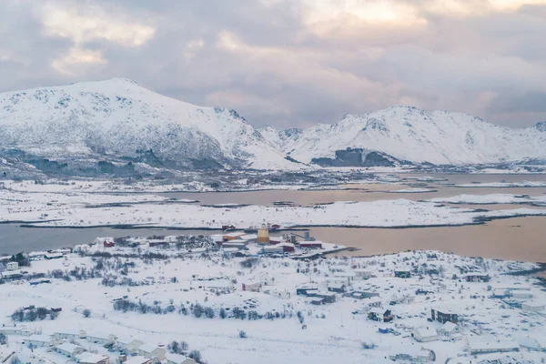 Αεροφωτογραφία Των Νησιών Lofoten Κομητεία Nordland Νορβηγία Ευρώπη Λευκοί Χιονισμένοι — Φωτογραφία Αρχείου