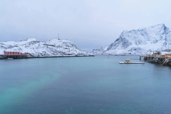 Luftaufnahme Der Lofoten Nordland Norwegen Europa Weiße Schneebedeckte Hügel Und — Stockfoto