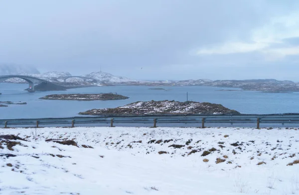 Fredvang Bridges Road Lofoten Islands Nordland County Noruega Europa Montañas —  Fotos de Stock