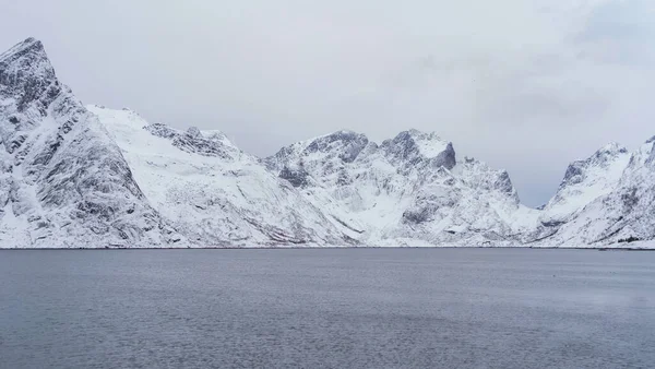 ノルウェー ノルウェー ノルウェー ヨーロッパのロフテン島 白い雪の山の丘や木々 冬の季節に自然景観の背景 観光名所 — ストック写真