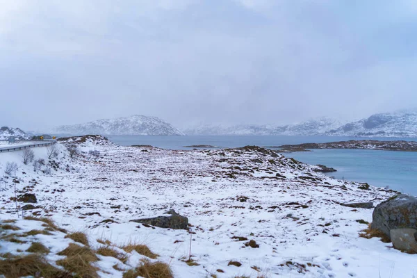 Islas Lofoten Condado Nordland Noruega Europa Montañas Nevadas Blancas Árboles — Foto de Stock