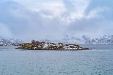 Lofoten Adaları, Nordland Bölgesi, Norveç, Avrupa. Beyaz karlı dağ tepeleri ve ağaçlar, kış mevsiminde doğa manzarası. Meşhur turistik cazibe