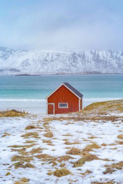 Ev, kulübe ya da ev, Reine City, Lofoten adalarındaki Norveç balıkçı köyü, Nordland, Norveç, Avrupa. Beyaz karlı dağ tepeleri, kış mevsiminde doğa manzarası.