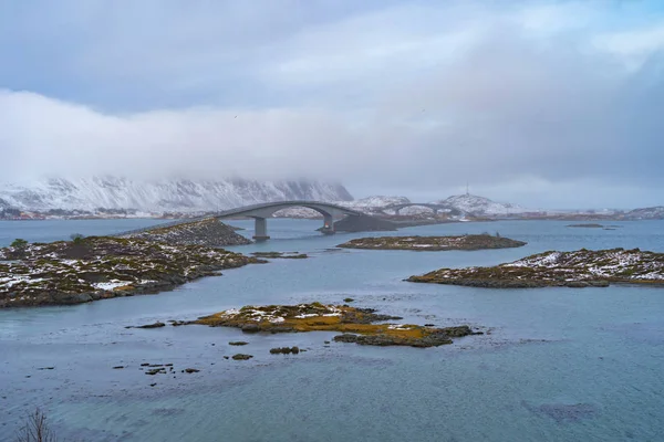 Fredvang Mosty Silnice Ostrovech Lofoten Nordland County Norsko Evropa Bílé — Stock fotografie