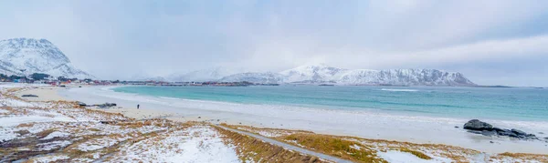 Lofoten Szigetek Nordland Megye Norvégia Európa Fehér Havas Hegyi Dombok — Stock Fotó