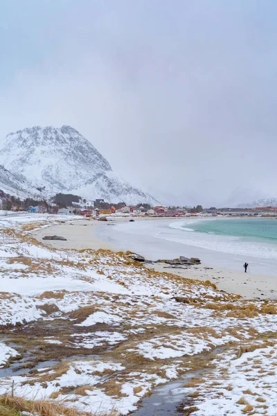 Ilhas Lofoten Condado Nordland Noruega Europa Montanhas Árvores Brancas Nevadas — Fotografia de Stock