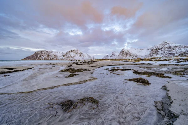 Wybrzeże Plaży Skagsanden Wyspach Lofoten Hrabstwo Nordland Norwegia Europa Białe — Zdjęcie stockowe