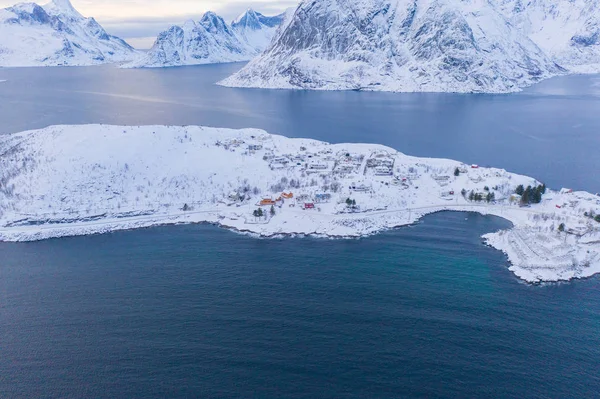 Vista Aérea Ilhas Lofoten Lago Rio Condado Nordland Noruega Europa — Fotografia de Stock