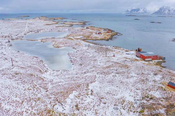 Nordland Norveç Avrupa Daki Lofoten Adalarındaki Beyaz Kar Dağının Hava — Stok fotoğraf