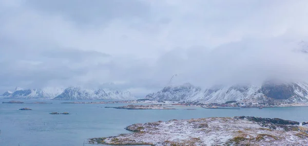 Vue Aérienne Montagne Neige Blanche Dans Les Îles Lofoten Comté — Photo