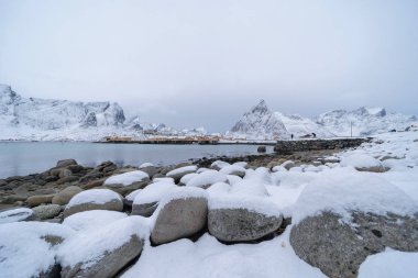 Reine City 'deki Norveç balıkçı köyü, Lofoten adaları, Nordland, Norveç, Avrupa. Beyaz karlı dağ tepeleri, kış mevsiminde doğa manzarası. Meşhur turistik cazibe