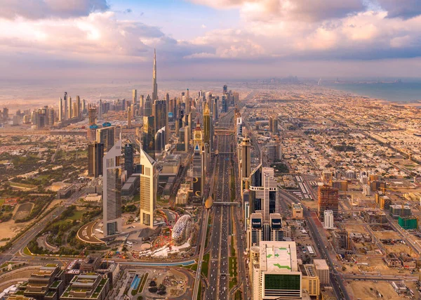 Vue Aérienne Burj Khalifa Dubaï Skyline Autoroute Centre Ville Émirats — Photo