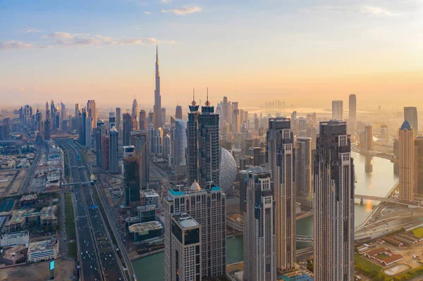 Vista Aérea Del Horizonte Del Centro Dubái Carreteras Calles Emiratos — Foto de Stock