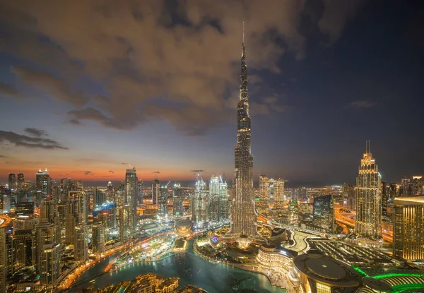 Vista Aérea Burj Khalifa Horizonte Fonte Dubai Downtown Emirados Árabes — Fotografia de Stock