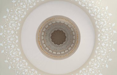 Abu Dabi 'deki Şeyh Zayed Büyük Cami Merkezi' nin beyaz tavanı. Birleşik Arap Emirlikleri veya BAE 'nin en büyük camii. Müslüman ya da Müslüman beyaz mimari binası. Şehir simgesi turizm merkezi.
