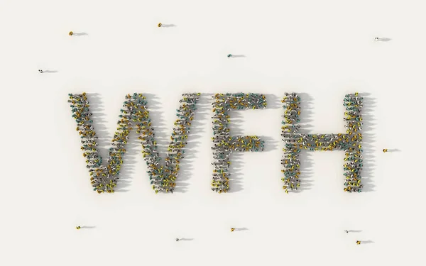 许多人在社交媒体和社区概念中以白人背景形成了 从家里工作 Wfh 的文字 从上面收集的人群图解的3D标志 — 图库照片
