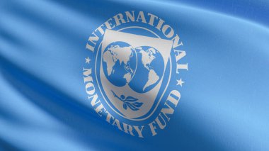Uluslararası ticaret ve para işbirliği ve döviz kurlarının istikrarı hedefleyen uluslararası bir örgüt olan Uluslararası Para Fonu veya IMF Bayrağı. 3B illüstrasyon 