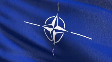 Kuzey Atlantik Antlaşma Örgütü ya da NATO bayrağı, 30 Kuzey Amerika ve Avrupa ülkesi arasında hükümetler arası bir askeri ittifak. Dalgalanan işaret sembolünün 3 boyutlu canlandırması.