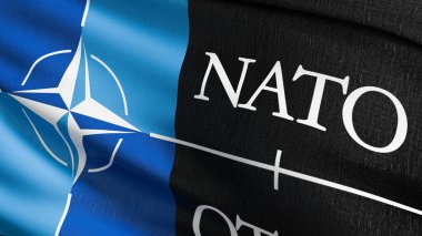 Kuzey Atlantik Antlaşma Örgütü ya da NATO bayrağı, 30 Kuzey Amerika ve Avrupa ülkesi arasında hükümetler arası bir askeri ittifak. Dalgalanan işaret sembolünün 3 boyutlu canlandırması.