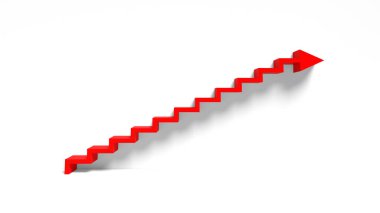 Kırmızı okun basamaklarda yükseldiği büyüme diyagramı başarılı iş stratejisi, pazarlama veya borsa konsepti. Üç boyutlu soyut illüstrasyon. Çizelgedeki doğru yön.