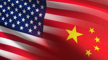 Amerika Birleşik Devletleri ya da ABD Çin 'e karşı milli bayrak rüzgarda dalgalanıyor. 3 boyutlu el sallama işareti çizimi. Uluslararası çatışma. Kriz kavgası.