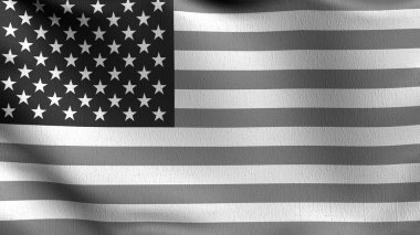 Amerika Birleşik Devletleri bayrağı rüzgarda dalgalanırken 4 Temmuz ya da Bağımsızlık Günü için izole edildi. Resmi vatanseverlik tasarımı. 3 boyutlu el sallama işareti çizimi. siyah ve beyaz renk.