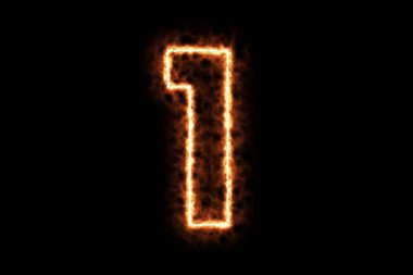 Bir numaralı alfabe karakterini oluşturan ateş yakma karakteri siyah arkaplanda izole edildi. 3D tasvir. Sıcak çerçeve kontağı ve işaret sembollü duman.