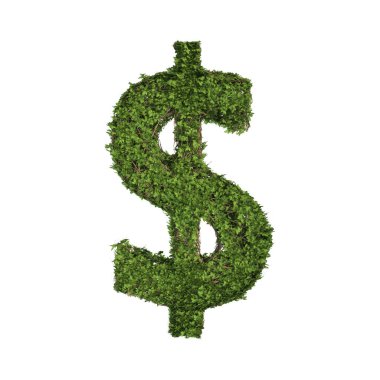 Yapraklı sarmaşık bitkisi, yeşil sarmaşık çalısı ve dolar oluşturan sarmaşıklar ya da para işareti beyaz doğada, büyüme ve çevre kavramında izole edilmiş. 3d ağaç illüstrasyonu.