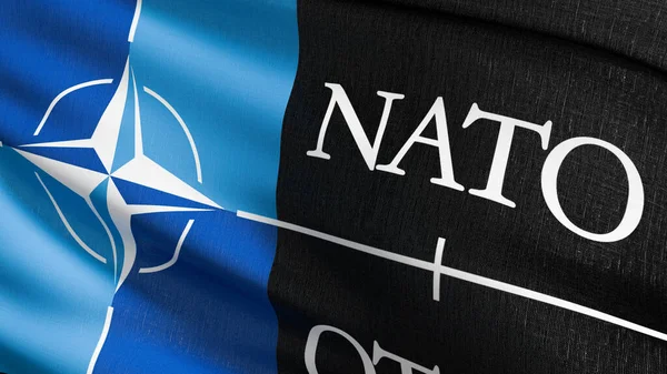 Kuzey Atlantik Antlaşma Örgütü ya da NATO bayrağı, 30 Kuzey Amerika ve Avrupa ülkesi arasında hükümetler arası bir askeri ittifak. Dalgalanan işaret sembolünün 3 boyutlu canlandırması.