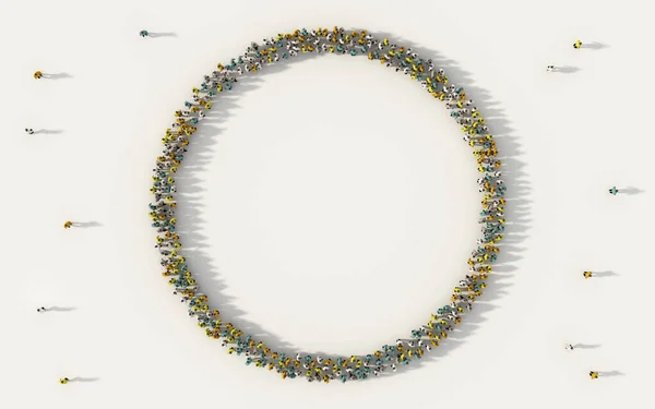Large group of people forming circle or ring symbol in social media and community concept on white background. 3d sign of crowd illustration from above gathered together