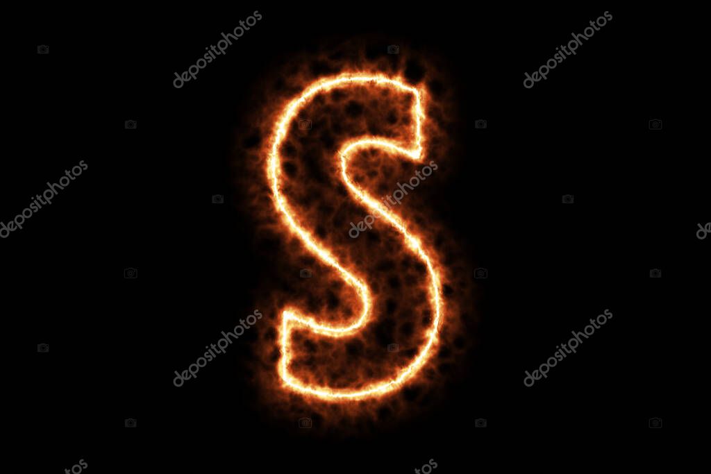 Fire burning forming letter S, capital English alphabet text character isolated on black background. 3d rendering illustration. Hot framing ignition and smoke with sign symbol.
