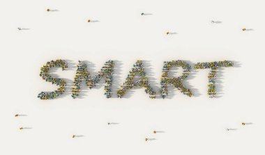 Sosyal medyada akıllı harf yazıları oluşturan geniş bir grup insan ve beyaz arka planda toplum kavramı. Yukarıdan toplanan 3D kalabalık illüstrasyonunun işareti