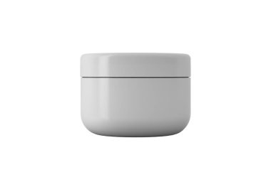 Kozmetik krem ve jel kavanozu, plastik şişeler ve beyaz arka planda bulunan makyaj malzemesi için cam kaplar. Üç boyutlu soyut illüstrasyon. Boş ve temiz uzay tasarımı yap. Ön görünüm.