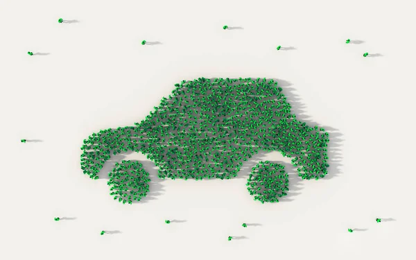 Gran Grupo Personas Que Forman Eco Coche Verde Eléctrico Símbolo — Foto de Stock