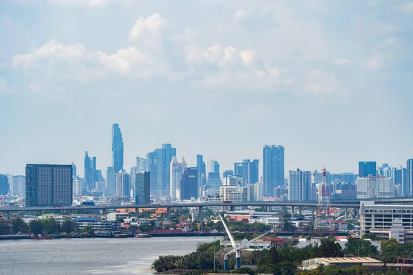 Vista Aérea Del Río Chao Phraya Horizonte Del Centro Bangkok — Foto de Stock