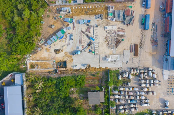 Aerial Top View Busy Industrial Factory Plant Construction Site Workers — Stock Photo, Image