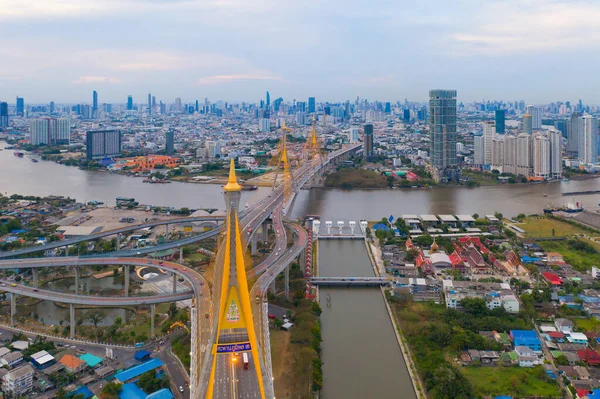 Vista Aérea Del Puente Bhumibol Río Chao Phraya Estructura Del — Foto de Stock