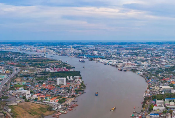 Vista Aérea Curva Del Río Chao Phraya Horizonte Del Centro — Foto de Stock