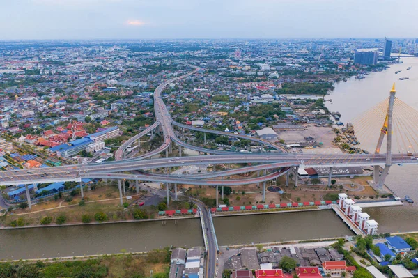 Vista Aérea Del Puente Bhumibol Río Chao Phraya Estructura Del — Foto de Stock