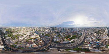 Bangkok şehir merkezi Skyline 'da sokak yolundaki Zafer Anıtı' nın havadan manzarası 360 derece açıyla kusursuz manzara. Tayland. Şehir merkezindeki finans bölgesi. Gökdelen binaları.