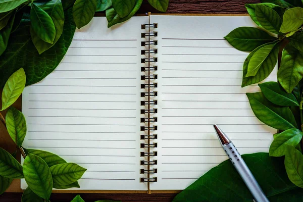 Caneta e folhas verdes no caderno — Fotografia de Stock