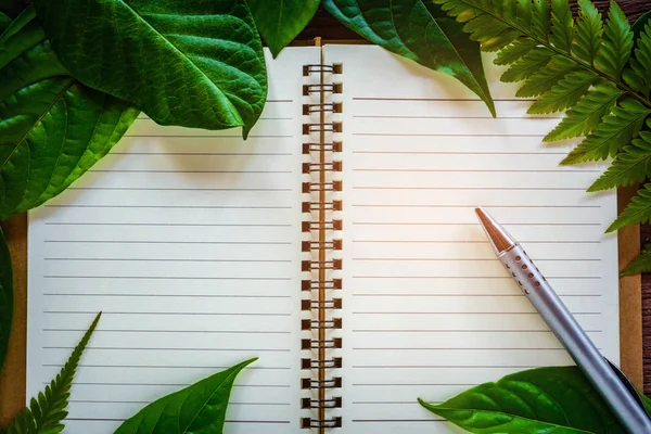 Caneta e folhas verdes no caderno — Fotografia de Stock