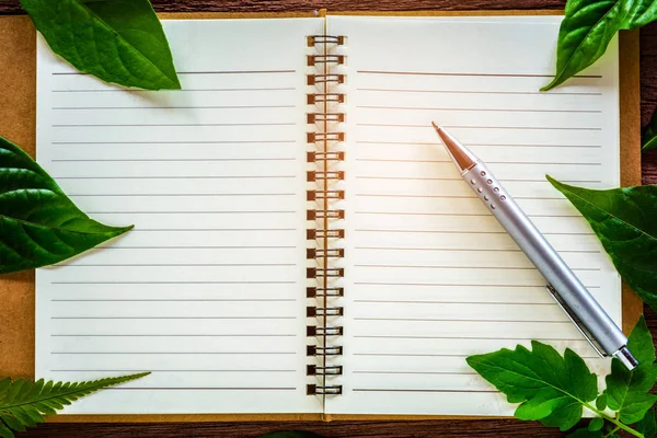 Kalem ve yeşil yapraklar üstünde defter — Stok fotoğraf